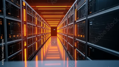 Futuristic digital corridor with glowing orange lines and intricate patterns, showcasing advanced technology