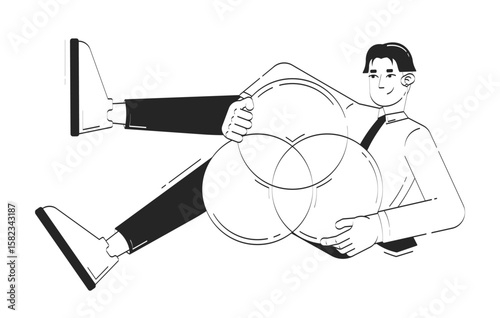 Data analyst presenting Venn diagram doodle line illustration concept. Data visualization. Close look at graph. Analytical thinking 2D outline character isolated. Hand drawn ink metaphor monochrome