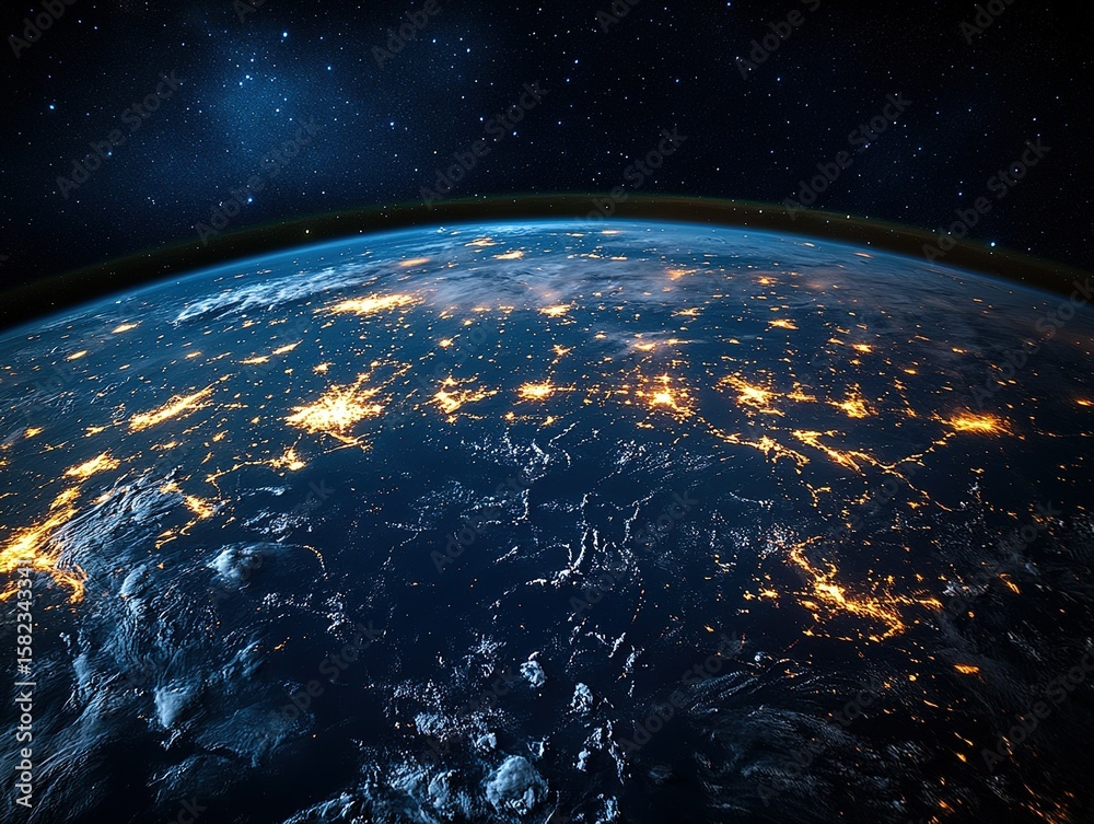 Fototapeta premium Earth Night View from Space: Showing Vast Universe and City Lights