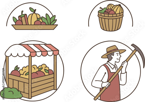 Illustration of a farmer with produce including fruits and vegetables in baskets and market stand scene