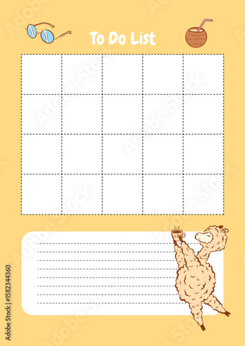 Daily planner, a sheet for notes with a llama holding coffee.