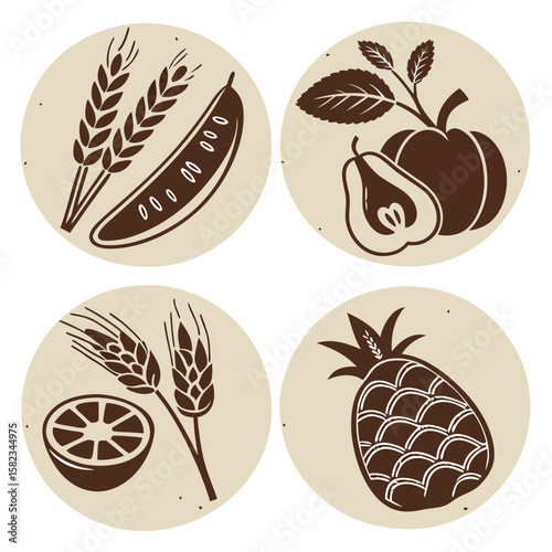Illustration of four circular icons featuring wheat, carob, pear, pumpkin, orange, and pineapple designs