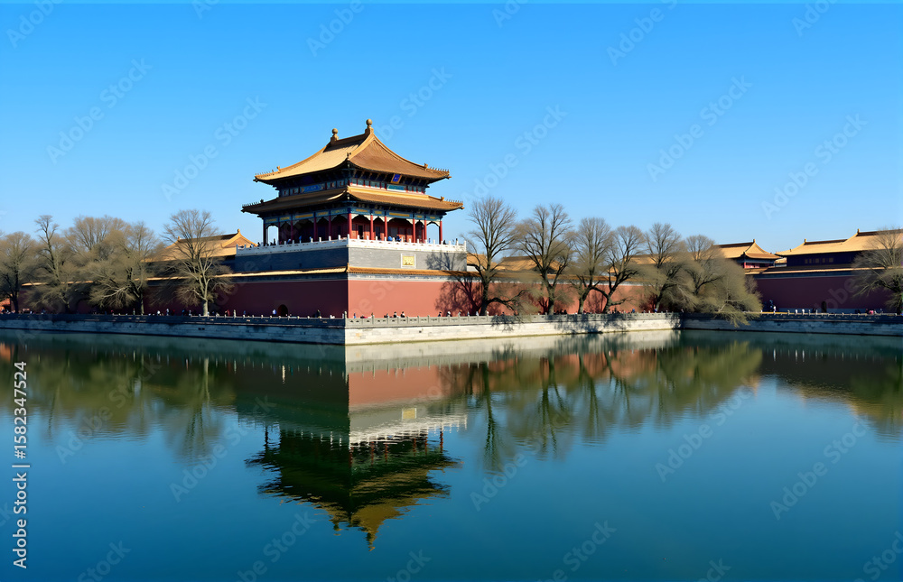 Fototapeta premium Forbidden City Corner Tower Reflection in Lake