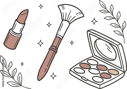 Illustration of lipstick, makeup brush, eyeshadow palette, leaves and stars on a white background