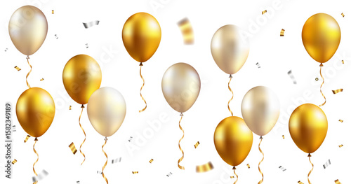 Elegant gold and champagne balloons with confetti on transparent background – festive decoration for celebration and party scenes