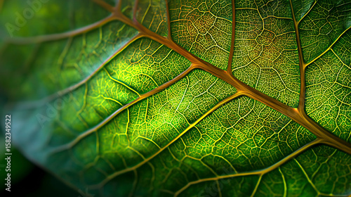Fresh green leaf close up presents intricate veins and vibrant texture, embodying nature's detailed patterns.