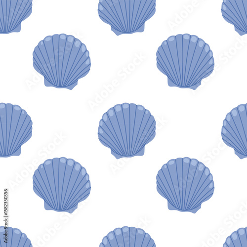 Sea shell scallop. Seamless pattern with blue seashells on white background. For summer textiles and beach designs.