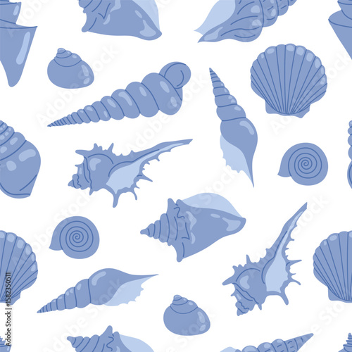 Sea print. Marine seamless pattern with seashells. Tropical vacation, beach and ocean concept. Vector background perfect for prints, fabric, textile, wallpaper, wrapping