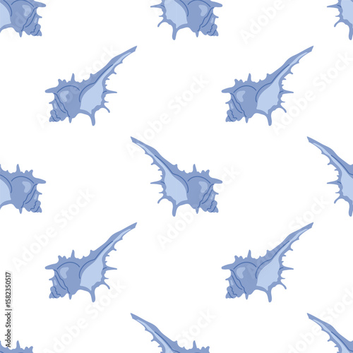 Seamless pattern with blue seashells on white background. For summer textiles and beach designs, summer, ocean.