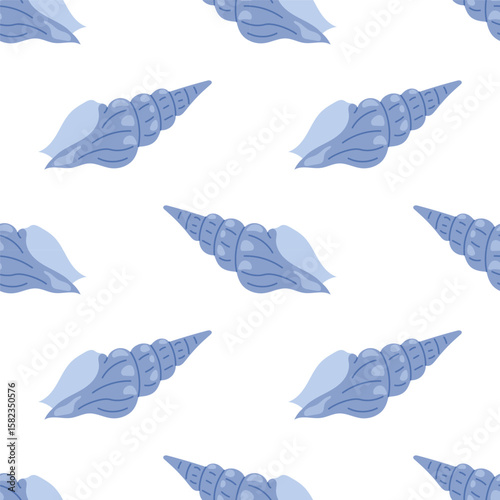 Seamless pattern with blue seashells on white background. For summer textiles and beach designs.