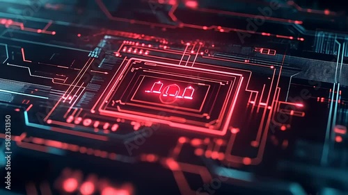 Futuristic digital circuit board with glowing red elements, symbolizing technology and innovation