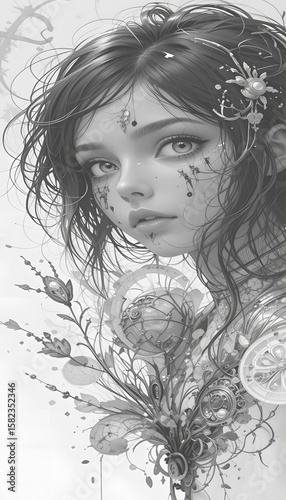 Portrait of a young girl with flowers and a gentle smile in black and white style