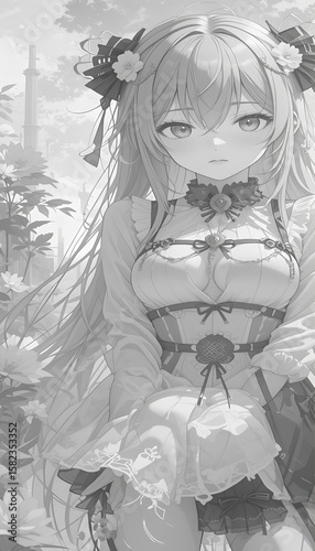 Elegant black and white portrait of a smiling girl with flowing hair, a beautiful fashion illustration