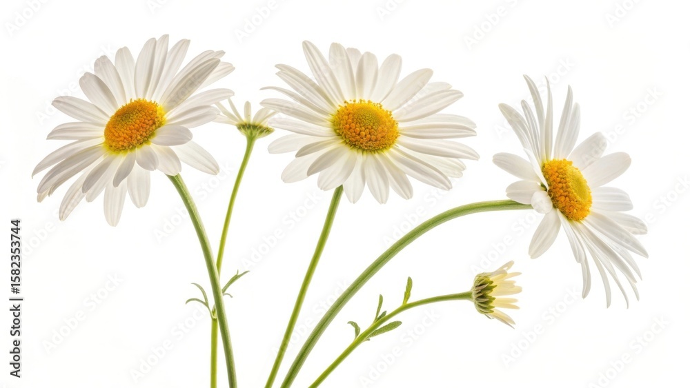 Obraz premium A simple composition of white daisies with bright yellow centers against a white background