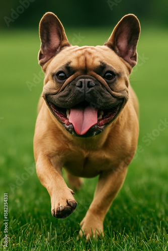 Generative AI : Close-up picture, A french bulldog running happily, eyes happy and ears pricked