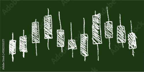 Chalk hand-drawn candlestick chart icon on green chalkboard background. Doodle vector representing stock trading, market analysis, investment, price movement, finance, and crypto trends.
