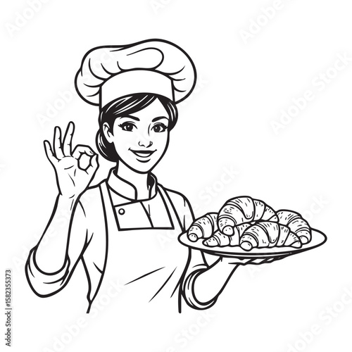 Female Chef with Croissants Mascot Vector Logo

