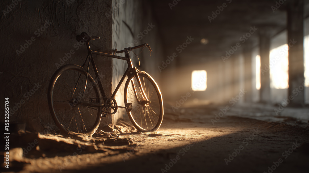 An old bicycle leans against a textured wall in a dimly lit, dusty room, with sunlight streaming through windows, casting soft shadows and illuminating the abandoned space. An old bicycle leans against a textured wall in a dimly lit, dusty room, with sunlight streaming through windows, casting soft shadows and illuminating the abandoned space.