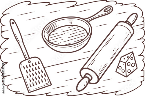 Illustration of cooking utensils including a spatula, frying pan, rolling pin and a piece of cheese sketch