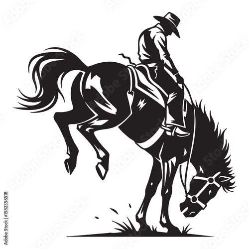 Cowboy Riding a Bucking Bronco Horse Rodeo engraving vector illustration