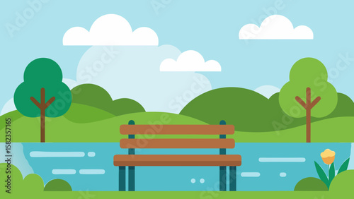 Cartoon Park Bench by Calm Pond and Cloudy Sky Vector illustration
