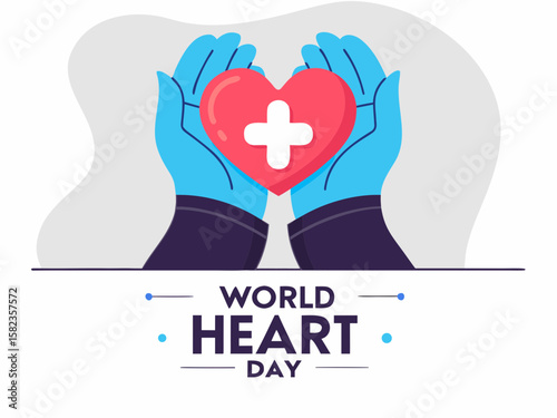 World Heart Day Illustration Blue Hands Holding a Red Heart with a White Cross