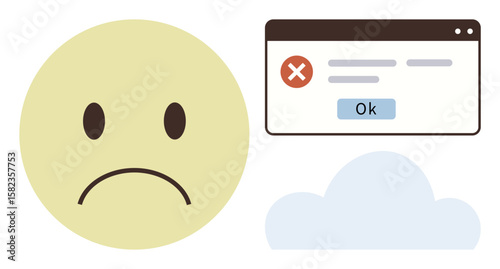 Sad face next to error message popup and a cloud graphic conveys technical issues or system failure. Ideal for technology, troubleshooting, cloud computing, error alerts, communication tools
