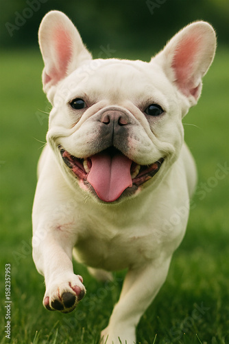Generative AI : Close-up picture, A french bulldog running happily, eyes happy and ears pricked