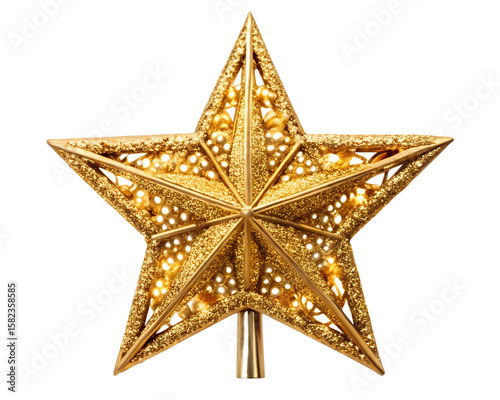 A golden star christmas tree topper sparkles against a transparent background, adding a touch of elegance and festive cheer to the holiday season isolated on transparent background