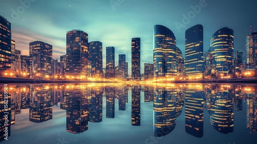 A cityscape with many buildings, reflected on the ground, symmetrical, with light
