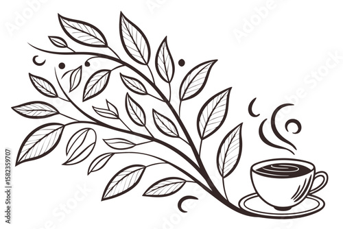 Illustration of a coffee cup with steam and a branch with leaves and coffee beans design element