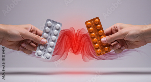 Side-by-side hands holding silver blister pack of white tablets and orange pill strip over abstract red waveform – comparison visuals