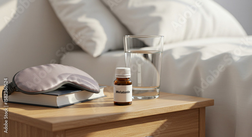 Cozy bedside scene with amber melatonin supplement bottle, silk eye mask atop closed book and glass of water on a wooden nightstand