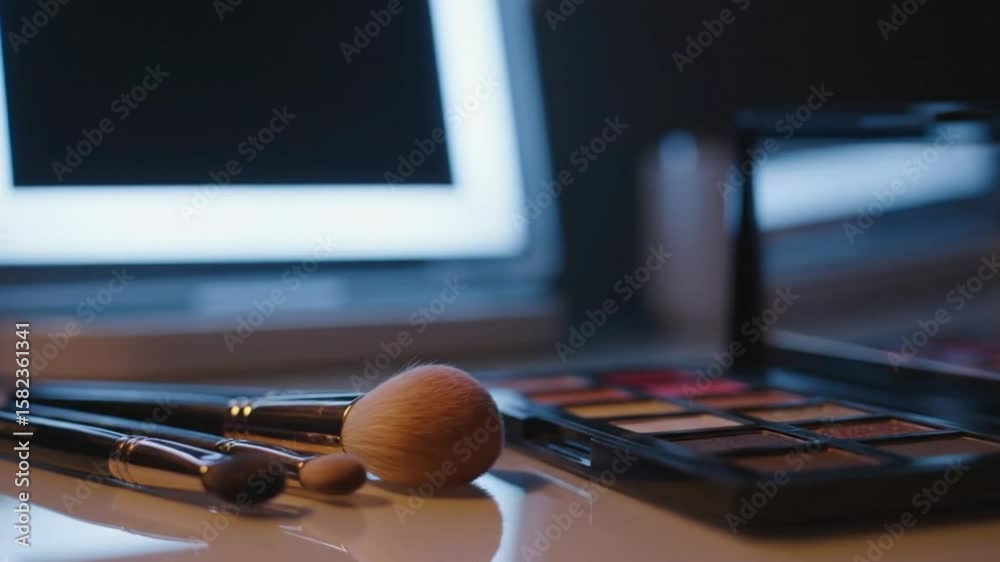Makeup brushes  palette rest on a glossy surface before a lighted mirror
