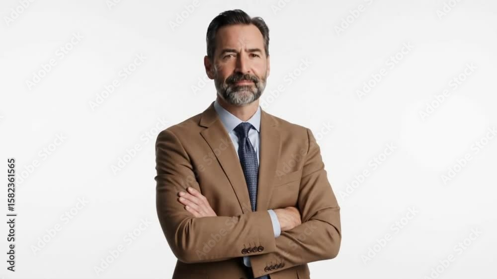Man with a beard stands with arms crossed wearing a brown suit blue shirt and tie Man with a beard stands with arms crossed wearing a brown suit blue shirt and tie