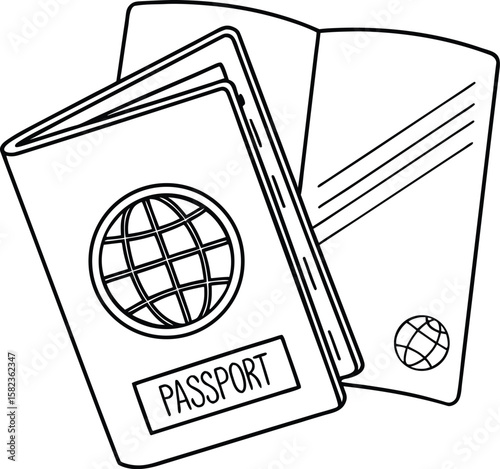 Passport document with globe, travel, and vacation graphics for logo or icon design.