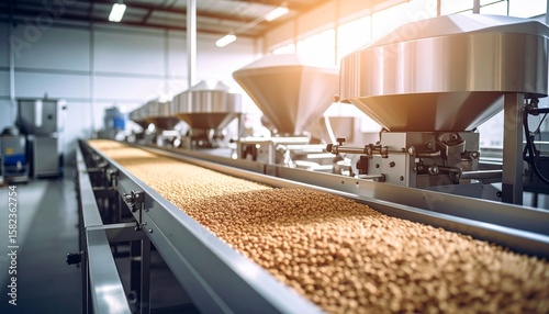 Automated Food Production: A modern food processing plant features rows of stainless steel machinery and a conveyor belt filled with dried chickpeas, exemplifying efficiency and automation.