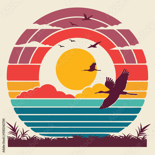 Bold Vintage-Style Sunset Over Water Graphic in Circular Frame
