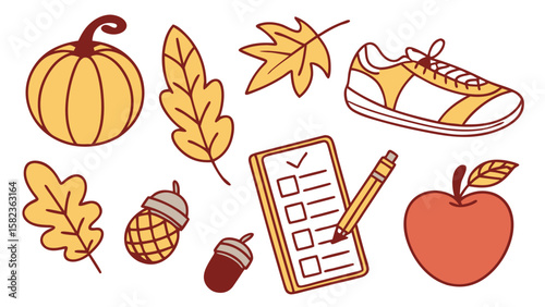 Illustration of autumn themed items including pumpkin leaves acorns apple shoe and checklist pad