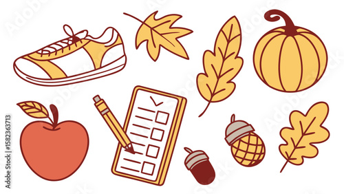 Illustration of fall themed items including a shoe, leaves, apple, pumpkin, acorns, and a checklist