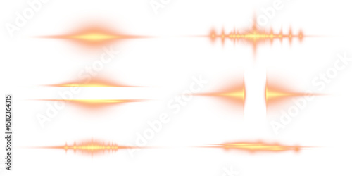 Collection of vector light flashes and glares in warm tones on a white background. Abstract elements for digital design, interfaces and visual effects.