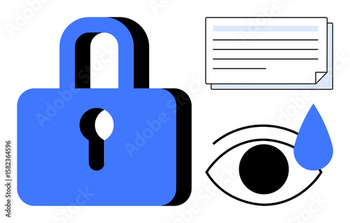 Blue lock symbolizing protection, eye with water drop denoting privacy concern, and document representing data. Ideal for security, privacy, access, protection, technology, data management simple