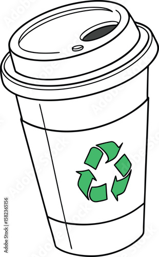 A simple graphic shows a coffee cup with a green recycling symbol, promoting sustainable consumption and environmental awareness.