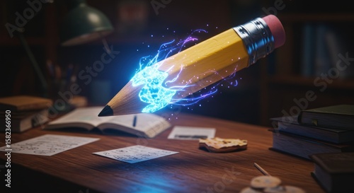 Enchanted pencil floats amidst scholarly setting hinting at creative inspiration and knowledge