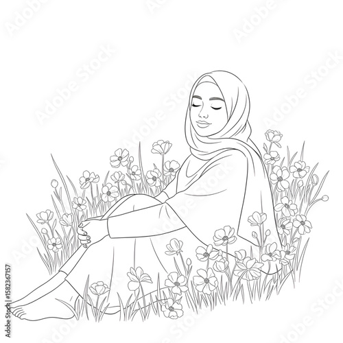 "Muslim Woman Sitting in a Flower Field – Peaceful Islamic Art"
