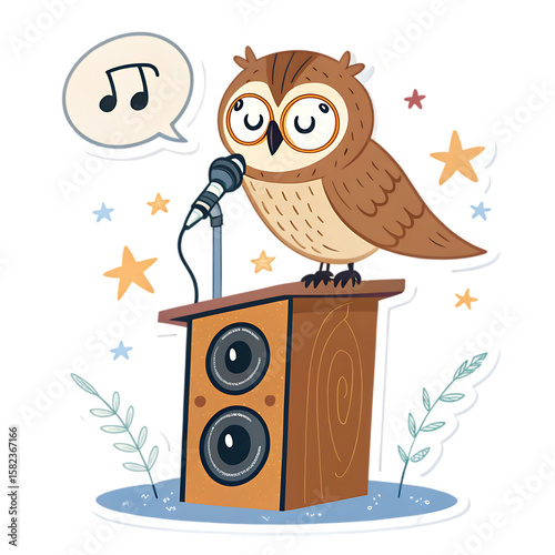 Singing Owl Musician: Cartoon Illustration of a Musical Bird Performing on Stage