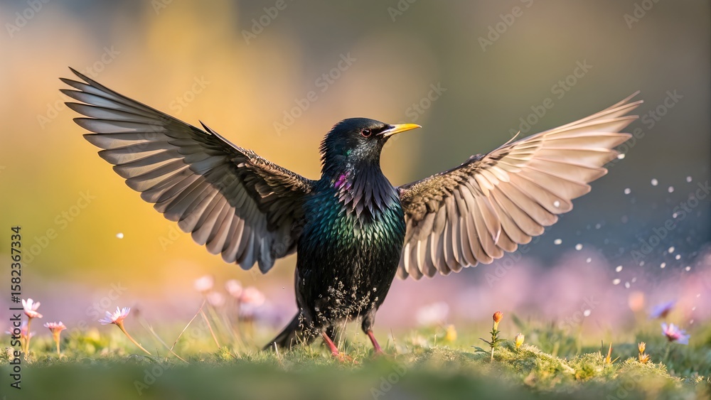 Obraz premium Flying Common Starling Bird Flying with Spread Wings and Colorful Blurred Background