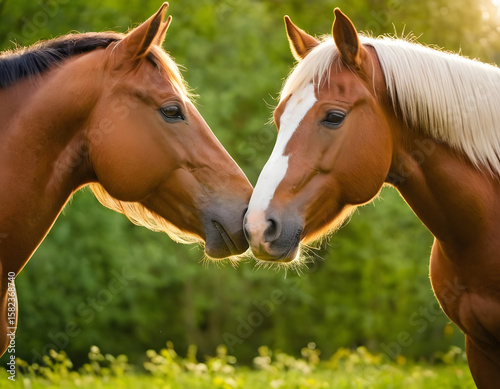 Portrait of two beautiful horses touching noses, lovely, on a natural green farm background, showing animal behavior in the forest at sunlight. horse in the field.
