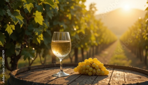 Wine Glass on Wooden Barrel with Grapes, Vineyard, Sunset Background