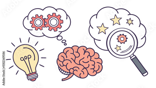 Illustration showing a brain with gears in a thought bubble, a lightbulb and a magnifying glass focusing on stars